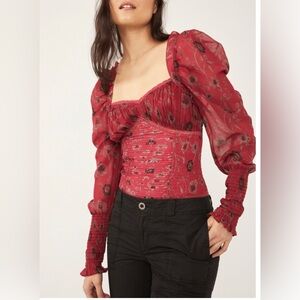Free People Brunch Date Red Combo Ruffle Bodysuit